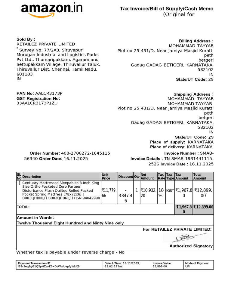 Mattress Invoice | PDF | Invoice | Taxes