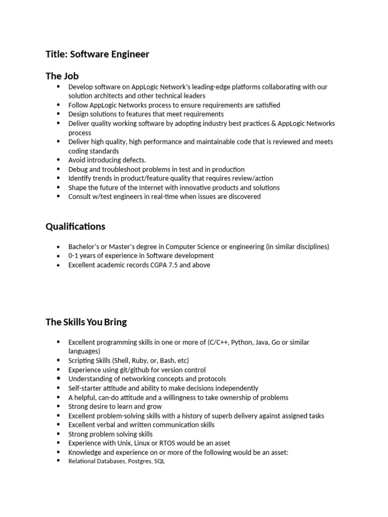 Applogics Software Engineer JD L3 | PDF | Computing | Software Engineering