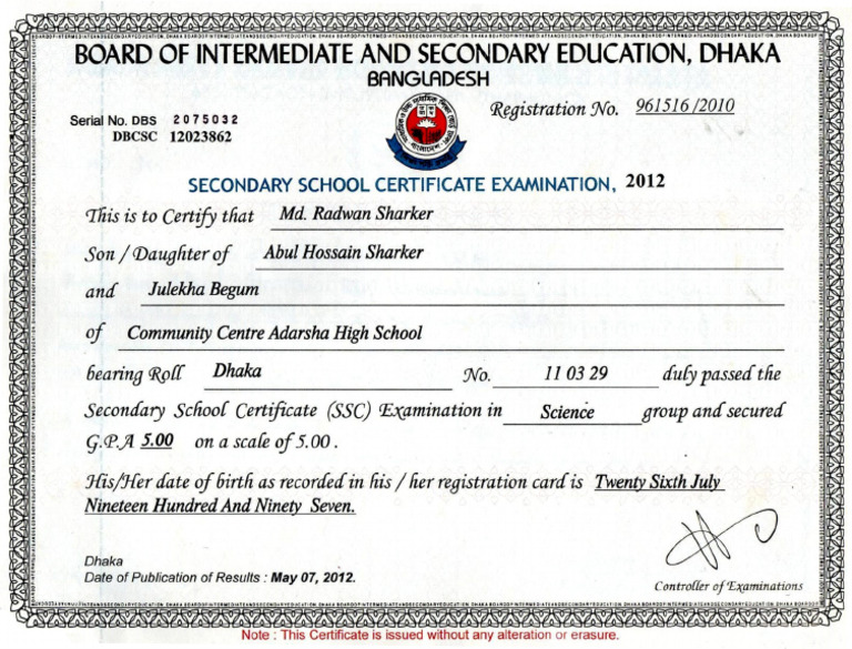 S.S.C Certificate | PDF