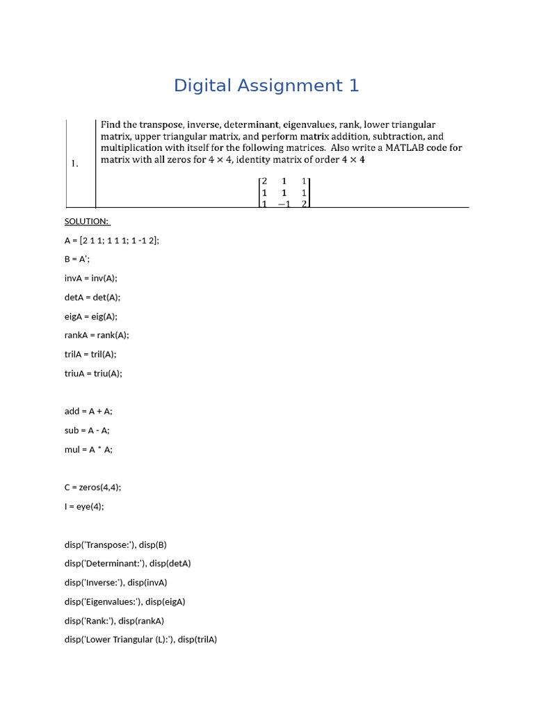 Digital Assignment 1, 25BRS1160 | PDF | Matrix (Mathematics) | Determinant