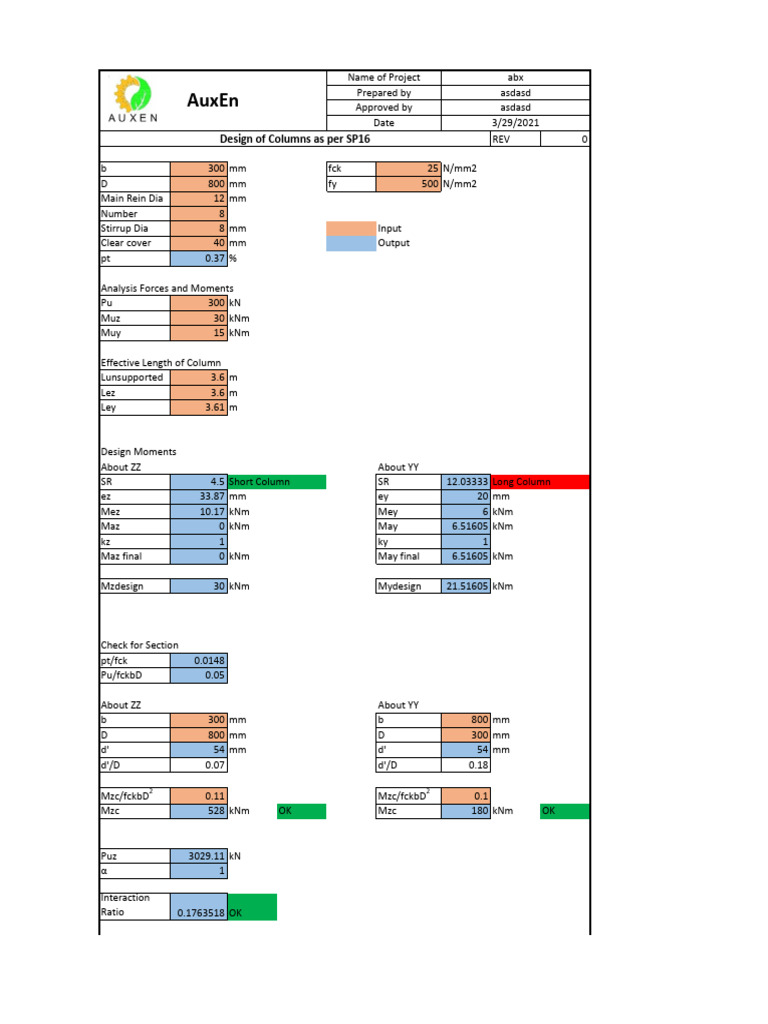 Design of Columns As Per SP-16 Excel Sheet | PDF