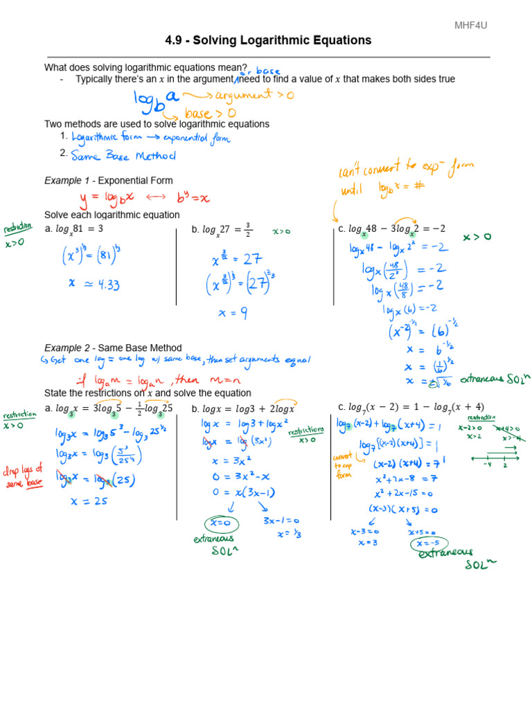 4.9 - Solving Logarithmic Equations (Students) | PDF | Equations ...