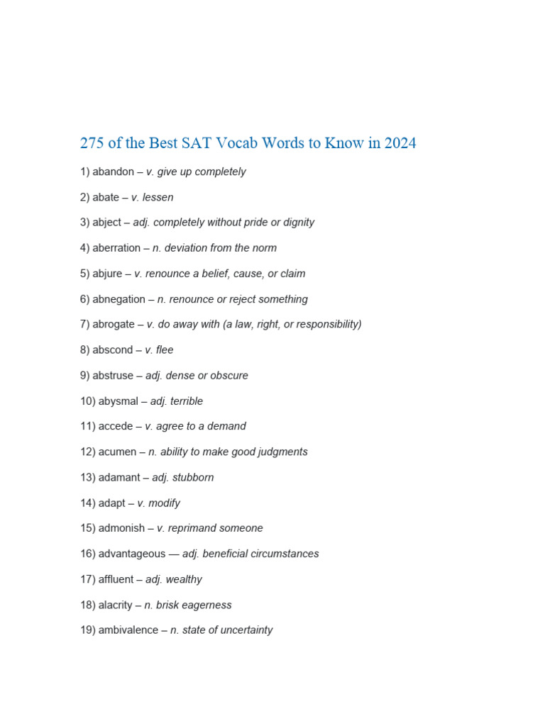 275 of the Best SAT Vocab Words to Know in 2024 | PDF