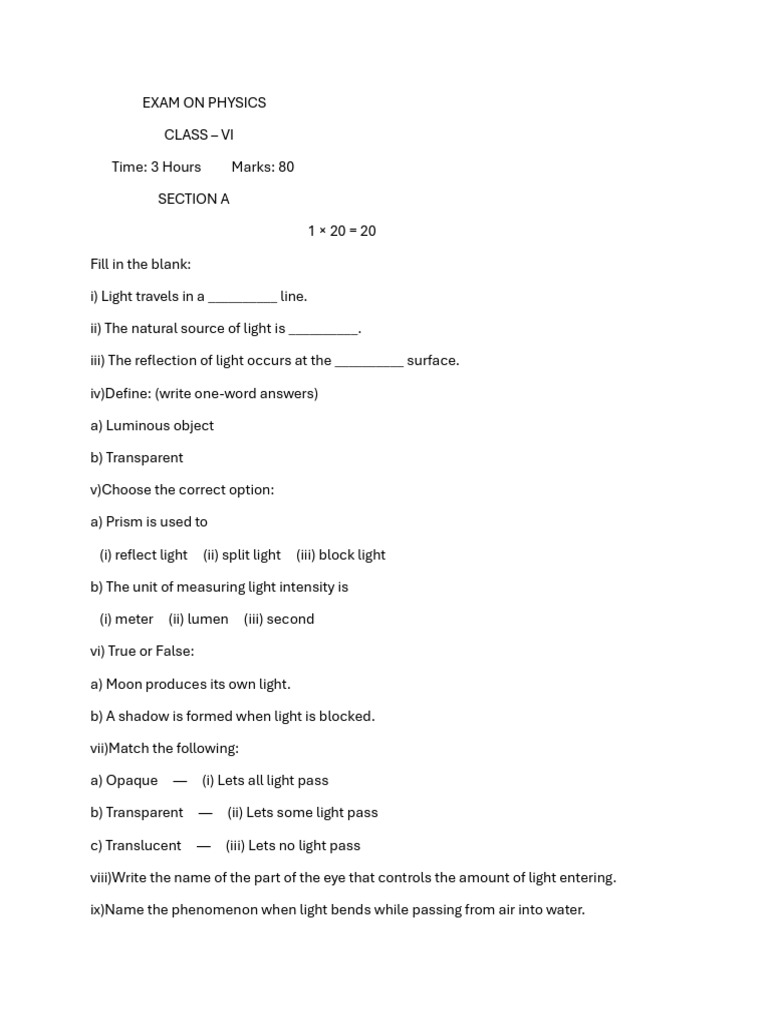 Class Vi Exam Question Paper On Physics Light | PDF | Light | Mirror