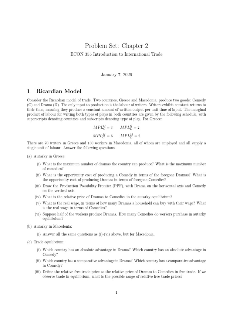 Problem Set: Chapter 2: 1 Ricardian Model | PDF | Comparative Advantage ...