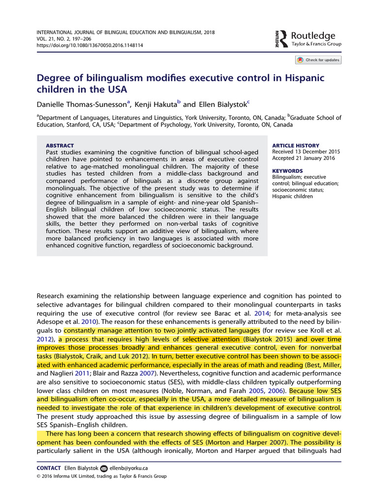 Degree of Bilingualism Modifies Executive Control | PDF ...