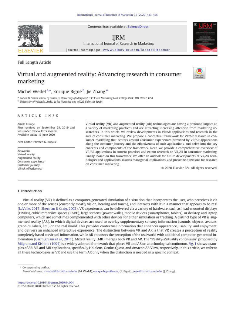 Virtual and augmented reality - Advancing research in consumer ...
