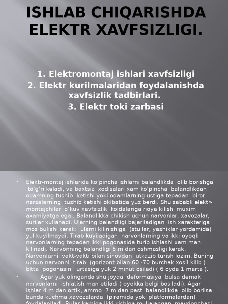 Ishlab Chiqarishda Elektr Xavfsizligi. | PDF