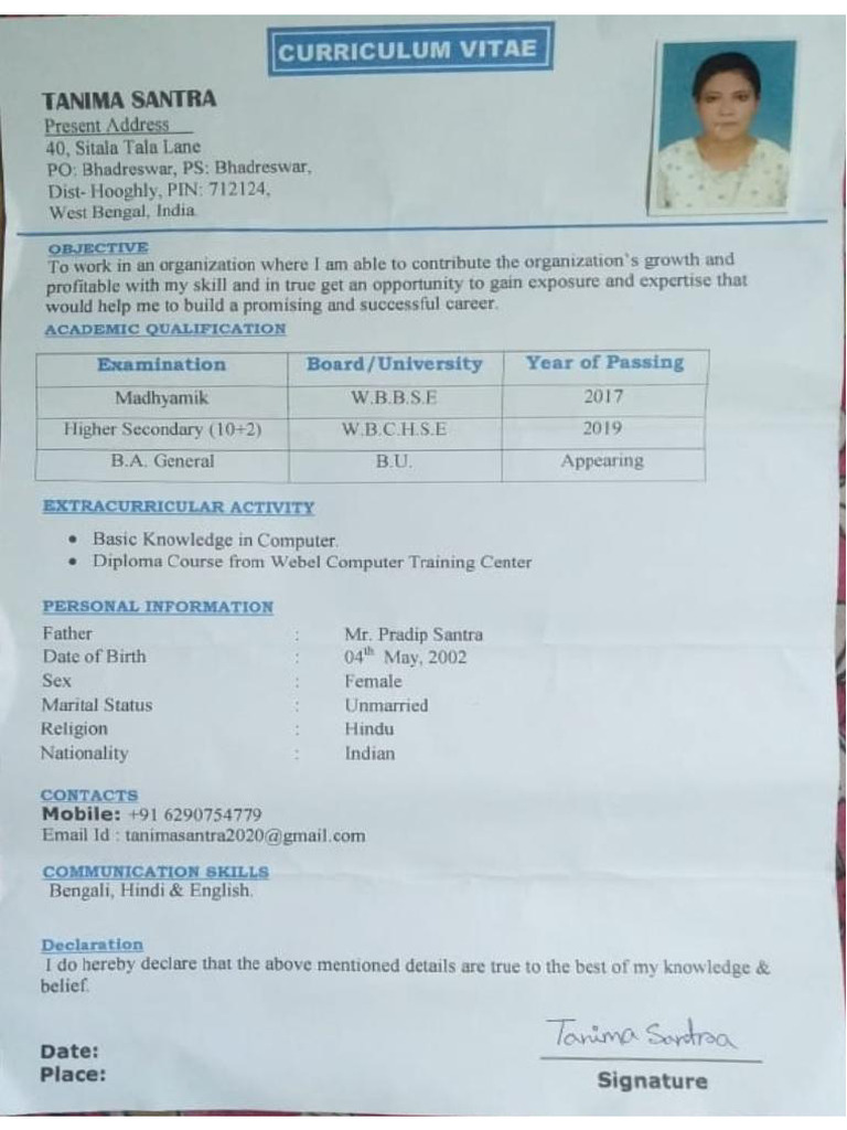 Tanima Santra Biodata | PDF
