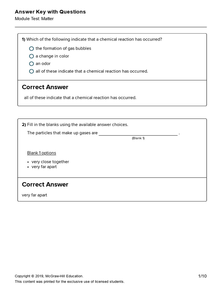 Module+Test+Answer+Key Matter | PDF | Matter | Gases
