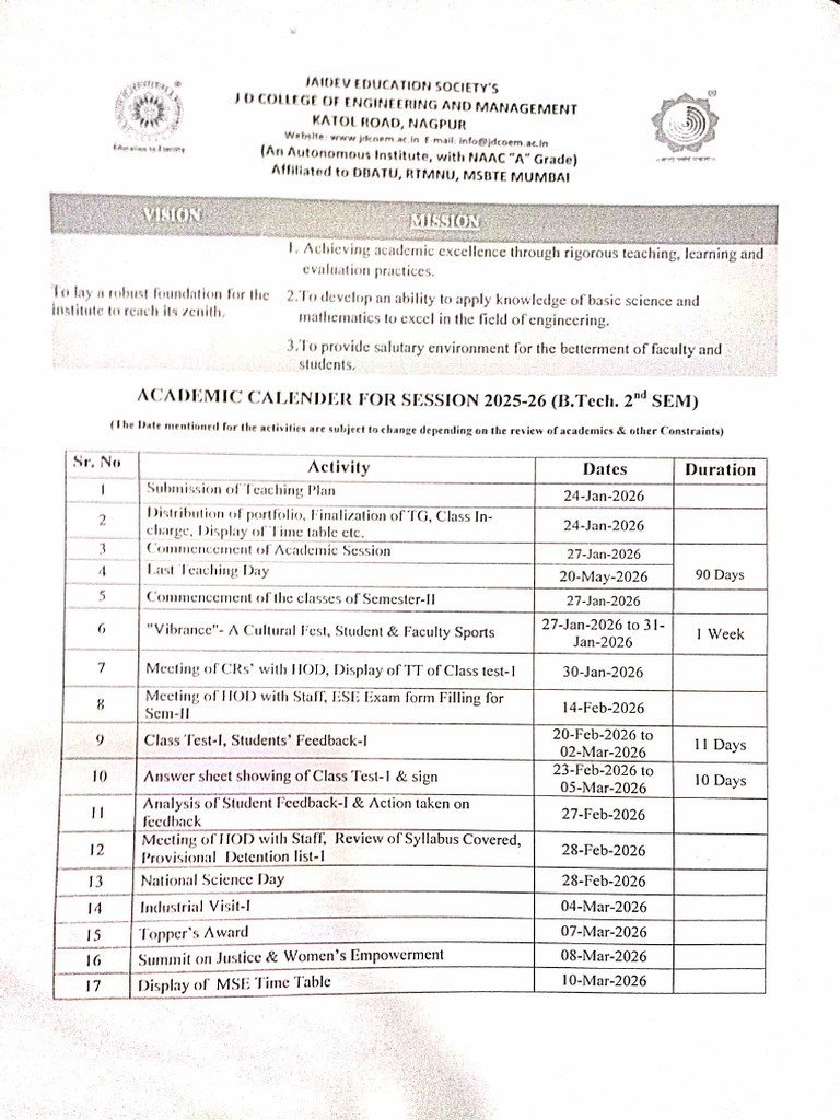 Academic Calendar Semester II 2025-26-1 | PDF