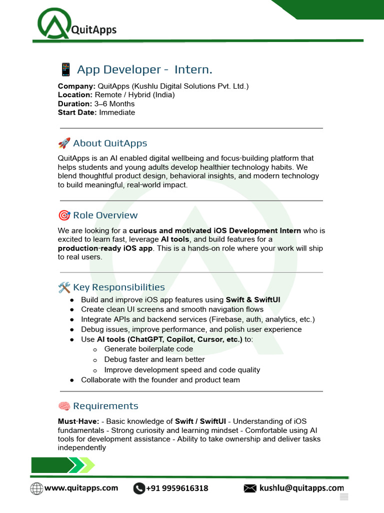 JD App Dev Intern QuitApps .Docx | PDF