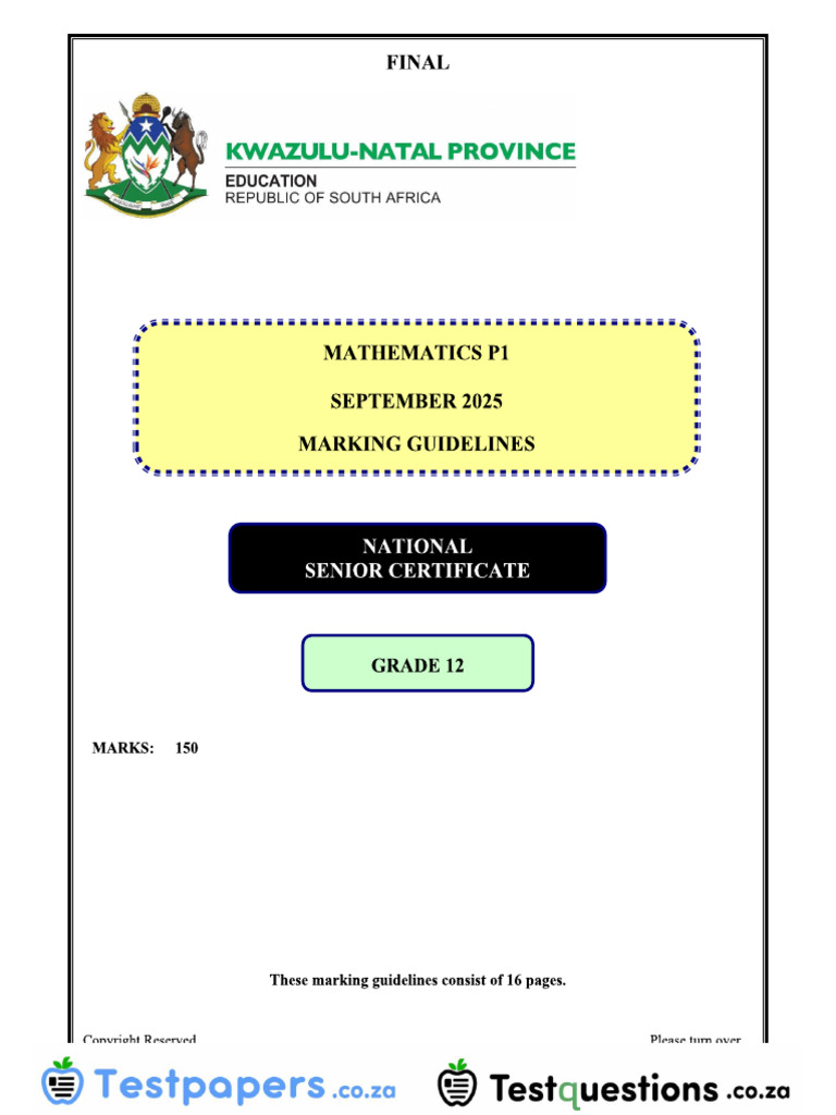 Maths Grade 12 NSC P1 MEMO September 2025 Eng KZN | PDF