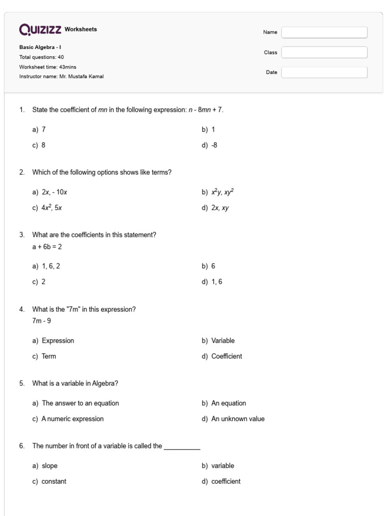 Ibrahim Basic Algebra Quiz | PDF | Equations | Variable (Mathematics)