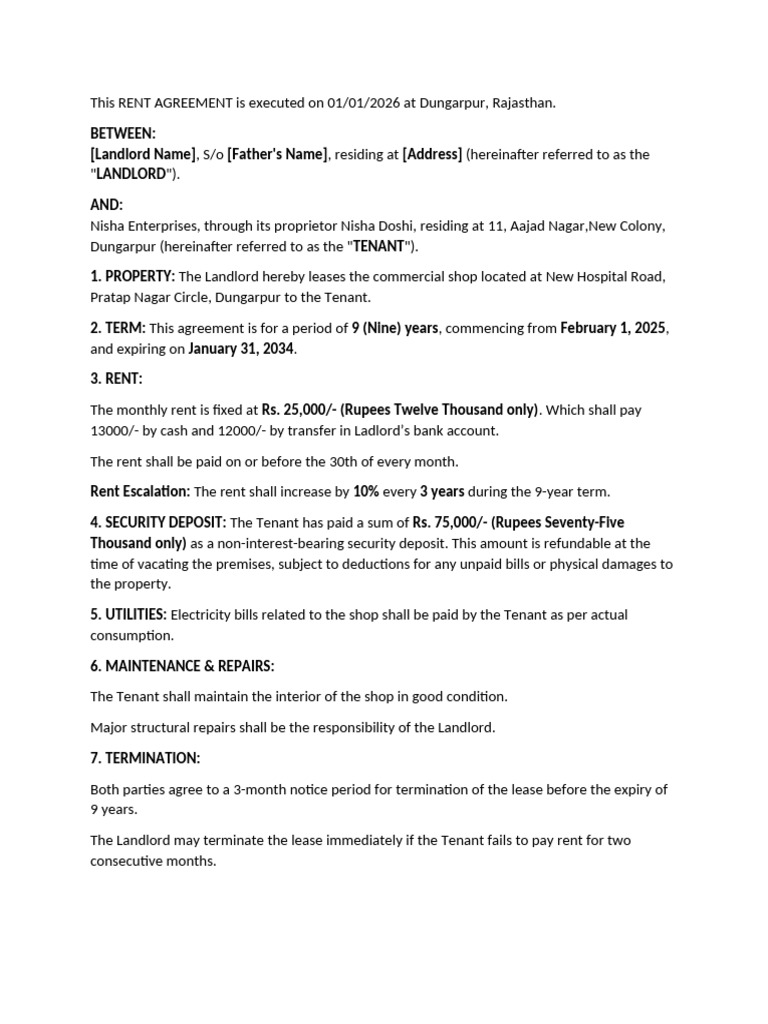 This RENT AGREEMENT Is Executed On 01 | PDF