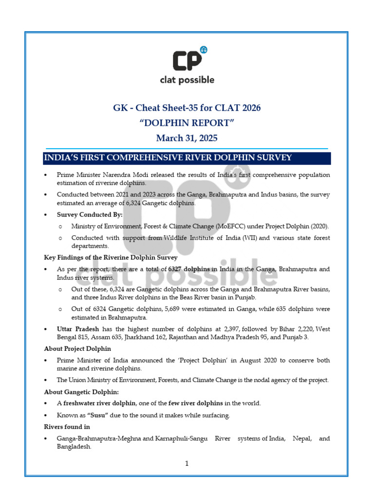 31 March 2025 GK Cheat Sheet 35 For Clat 2026 Dolphin Report | PDF
