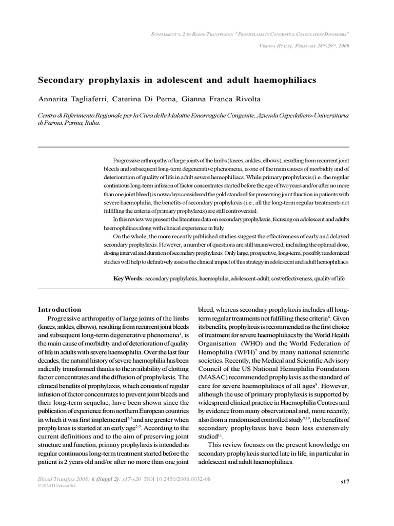 Secondary Prophylaxis in Adolescent and Adult Haemophiliacs | PDF ...