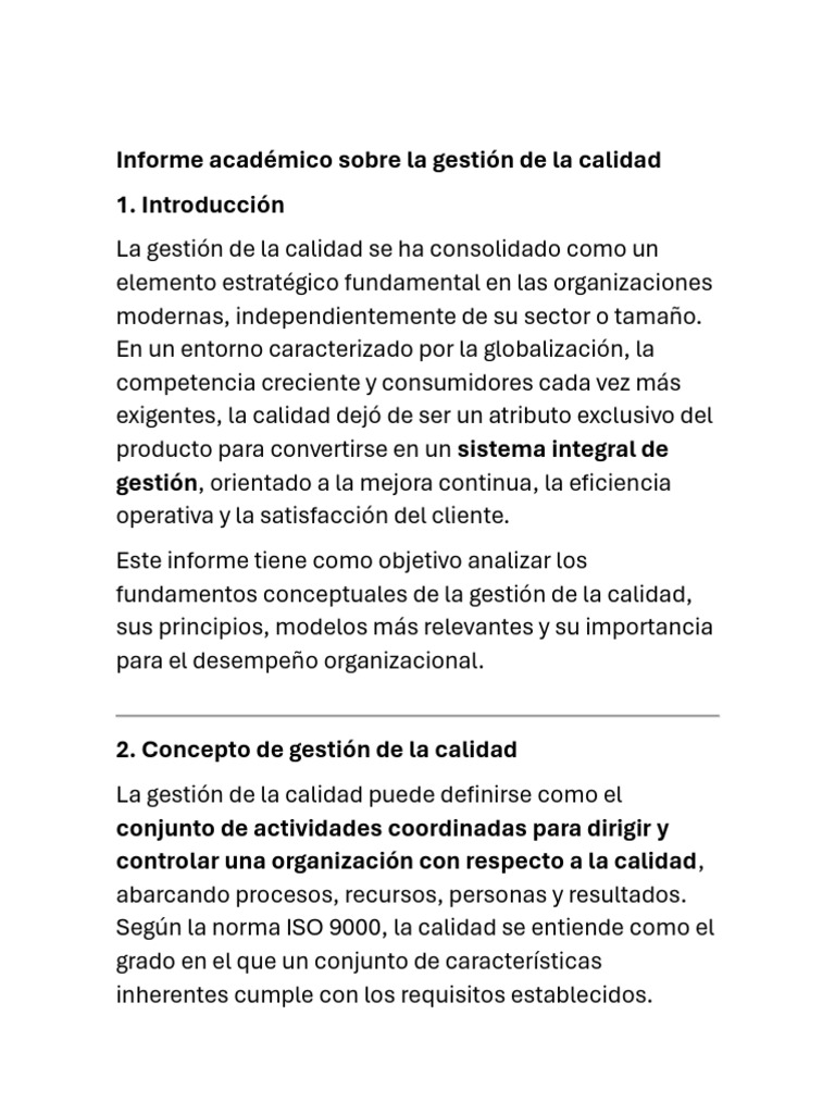 Informe Académico Sobre La Gestión de La Calidad | PDF | Calidad ...
