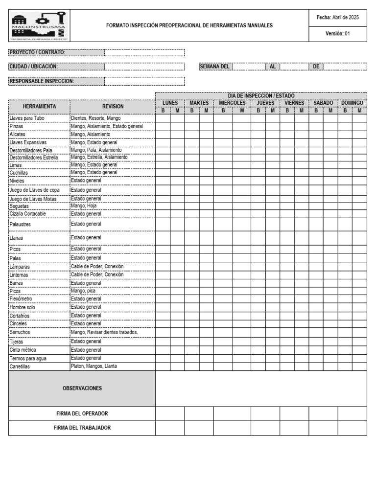 Formato Inspeccion Preoperacional Herramientas Manuales | PDF ...