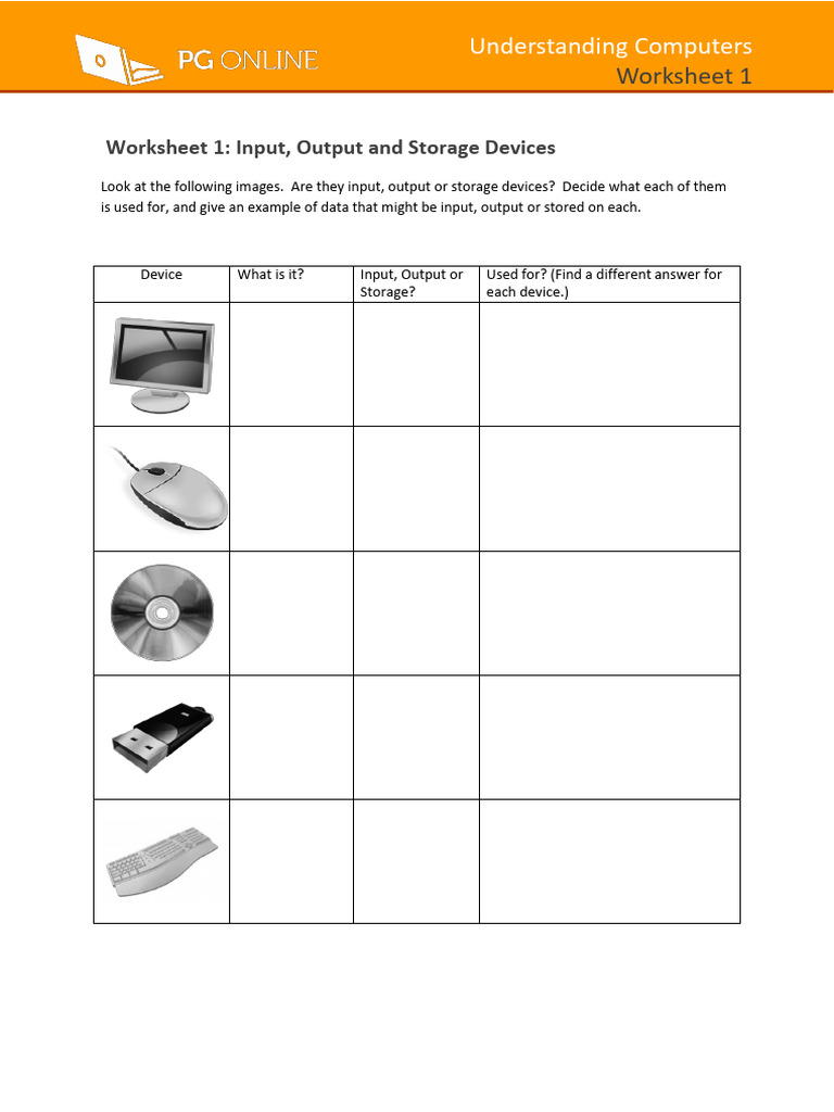 Input and Output Devices - Worksheet | PDF