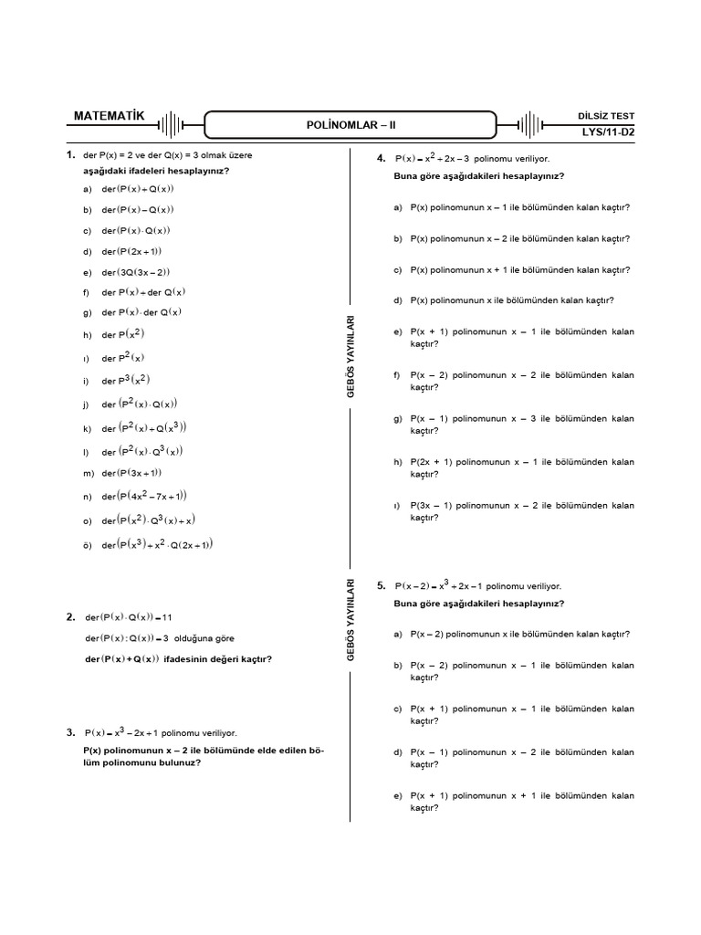 Test 02 Polinomlar II | PDF