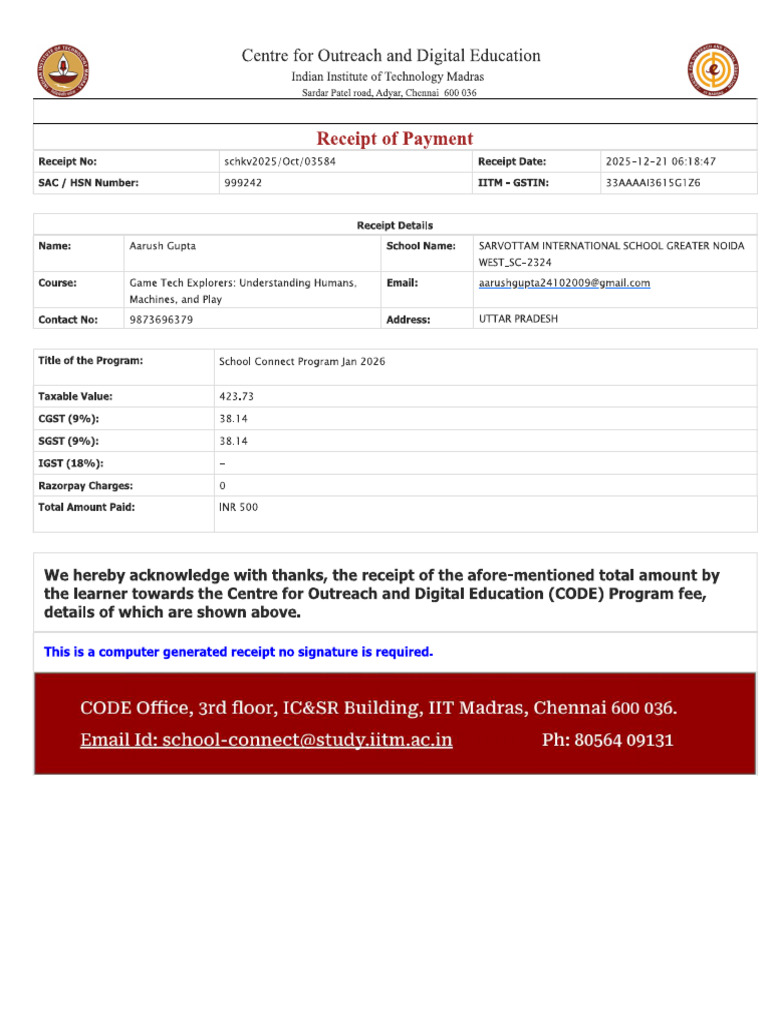 IITM-Course Payment Reciept. | PDF