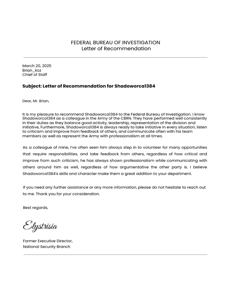Federal Bureau of Investigation, Letter of Recommendation | PDF