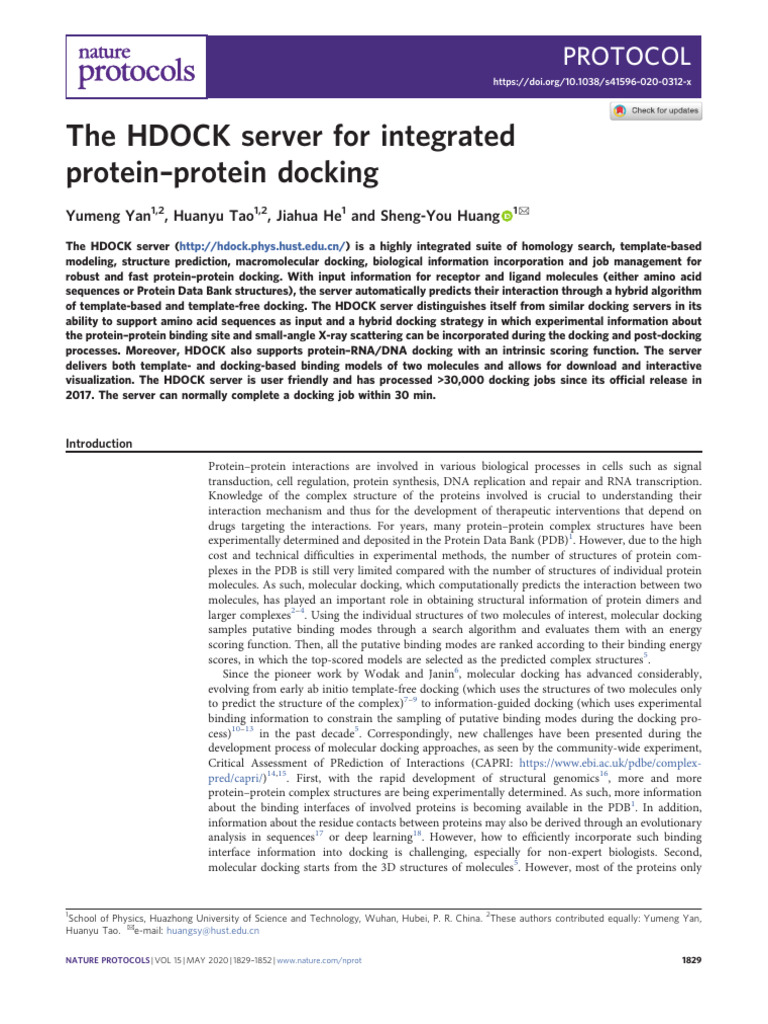 The HDOCK Server For Integrated Protein Protein Docking: Protocol | PDF ...