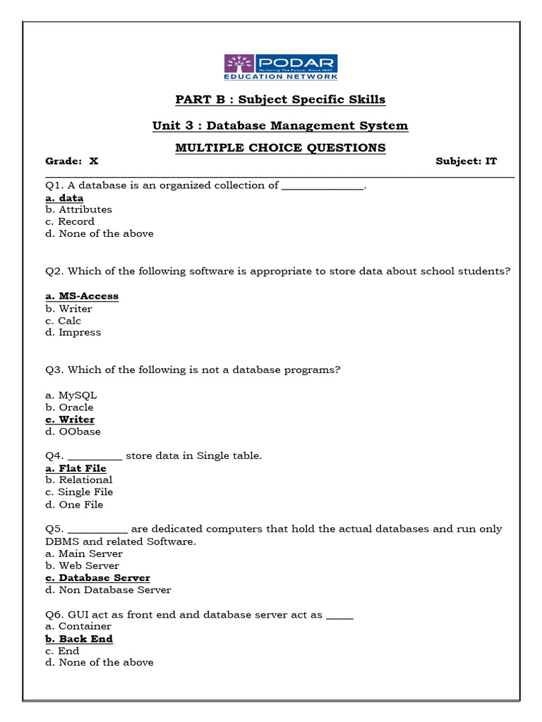 1758261697116.PART B - DBMS - MCQs | PDF | Sql | Databases