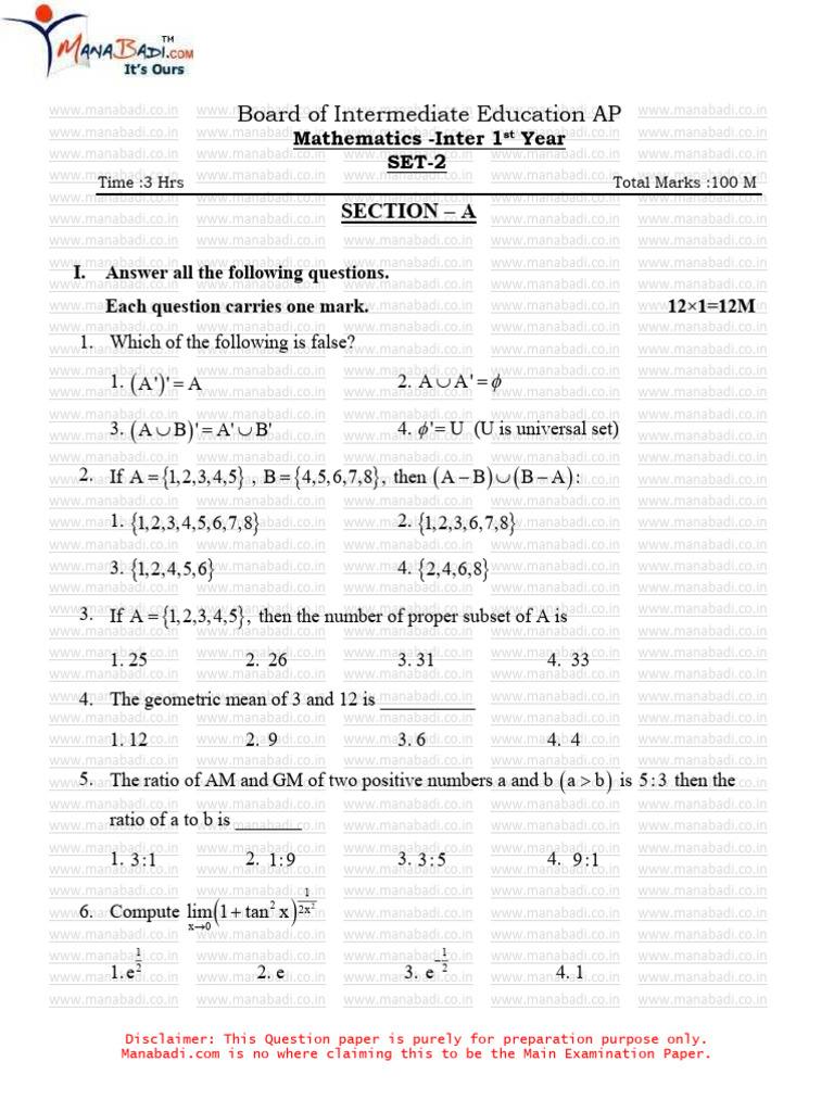 Mathematics 1st Year Set-2 2026 | PDF | Mathematics