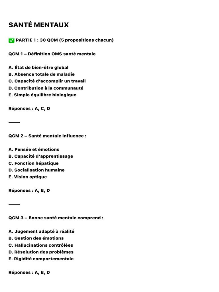 QCM + QROC Psychiatrie ChatGPT | PDF | Trouble obsessionnel compulsif ...