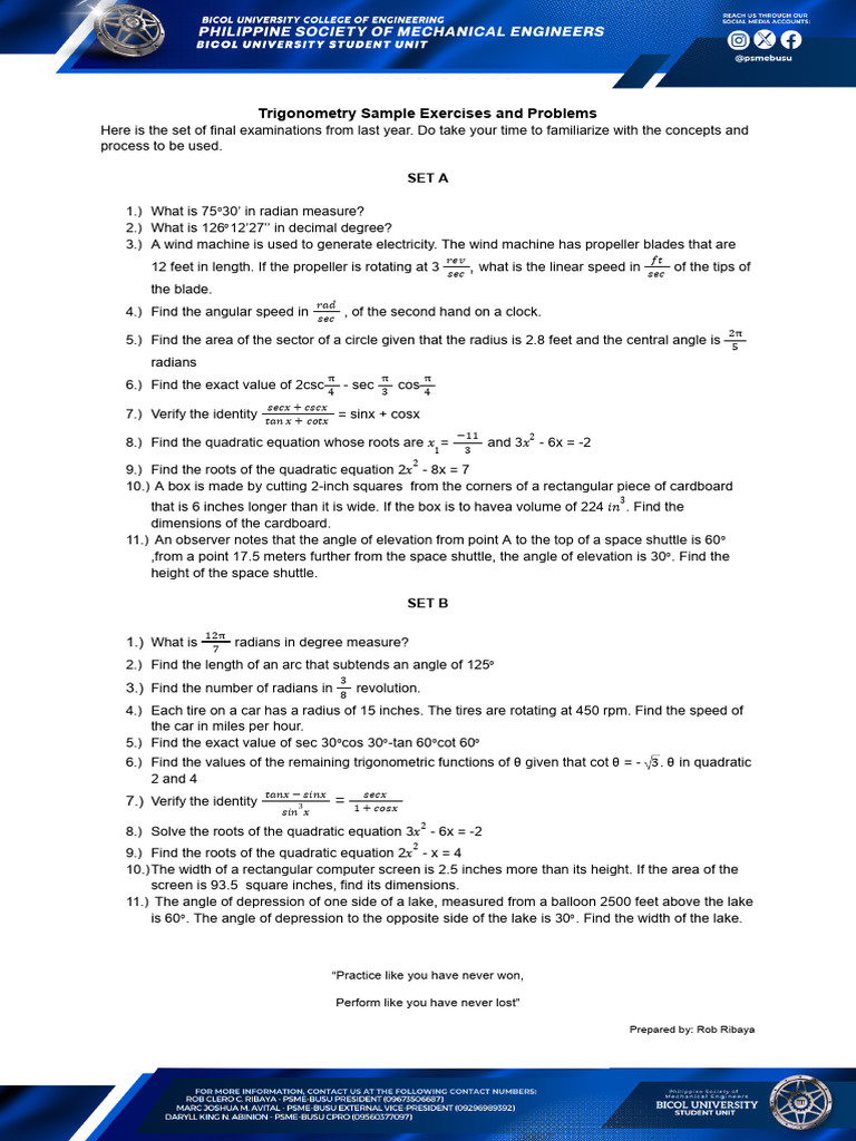 Lecture 1 Trigonometry Sample Exercises Last Year Exam | PDF | Angle | Pi