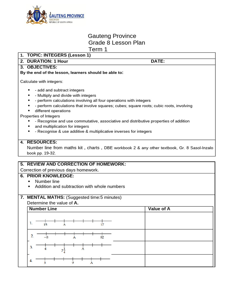 Grade 8 Term 1 Integers Lesson Plan Final | PDF | Multiplication | Numbers