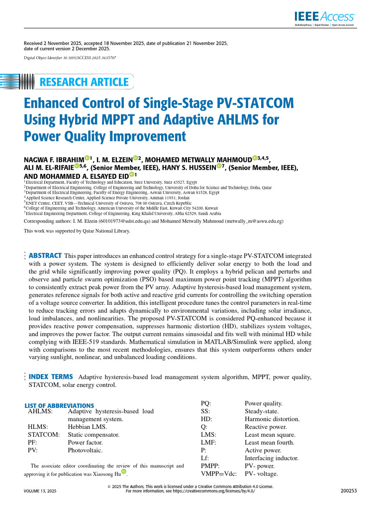 Enhanced Control of Single-Stage PV-STATCOM Using Hybrid MPPT and ...