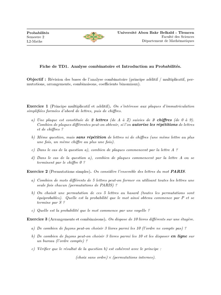 TD - 1 2025 - 2026 | PDF | Combinatoire | Mathématiques discrètes