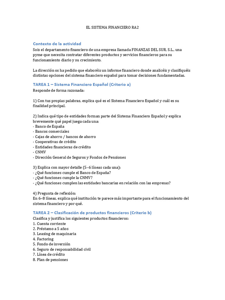 Actividad El Sistema Financiero | PDF | Sistema financiero | Bancos