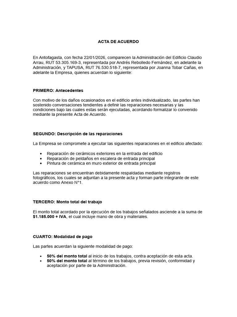 Acta de Acuerdo Edificio Claudio Arrau | PDF