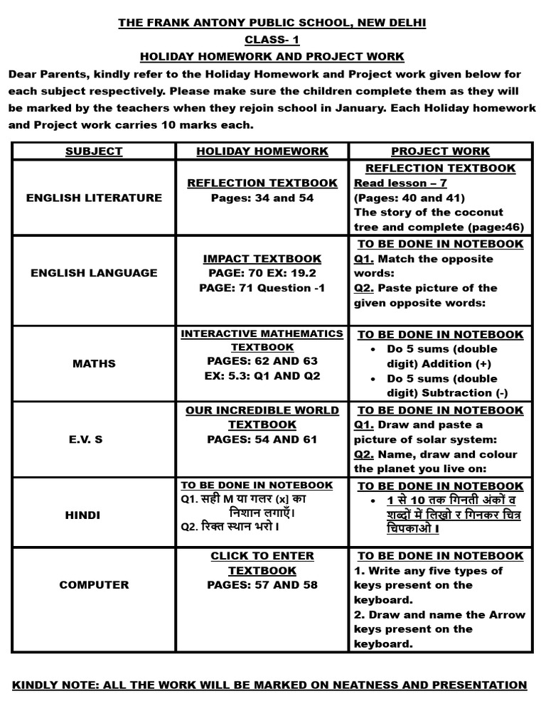 Class 1 Holiday Homework PDF | PDF