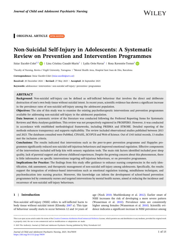 Non Suicidal SelfInjury in Adolescents | PDF | Self Harm | Systematic ...