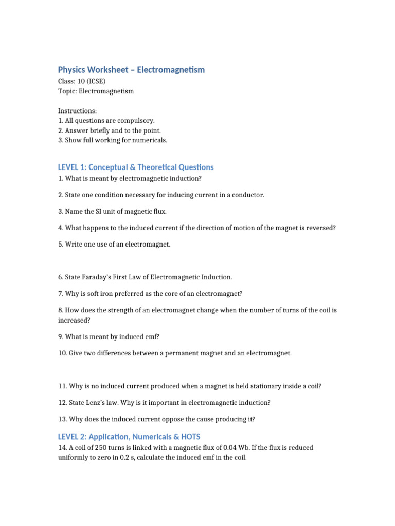 Class 10 ICSE Electromagnetism Worksheet No Diagrams | PDF ...