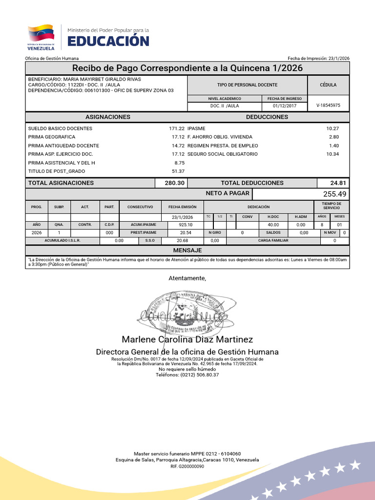 Recibo de Pago Correspondiente A La Quincena 1/2026: Marlene Carolina ...