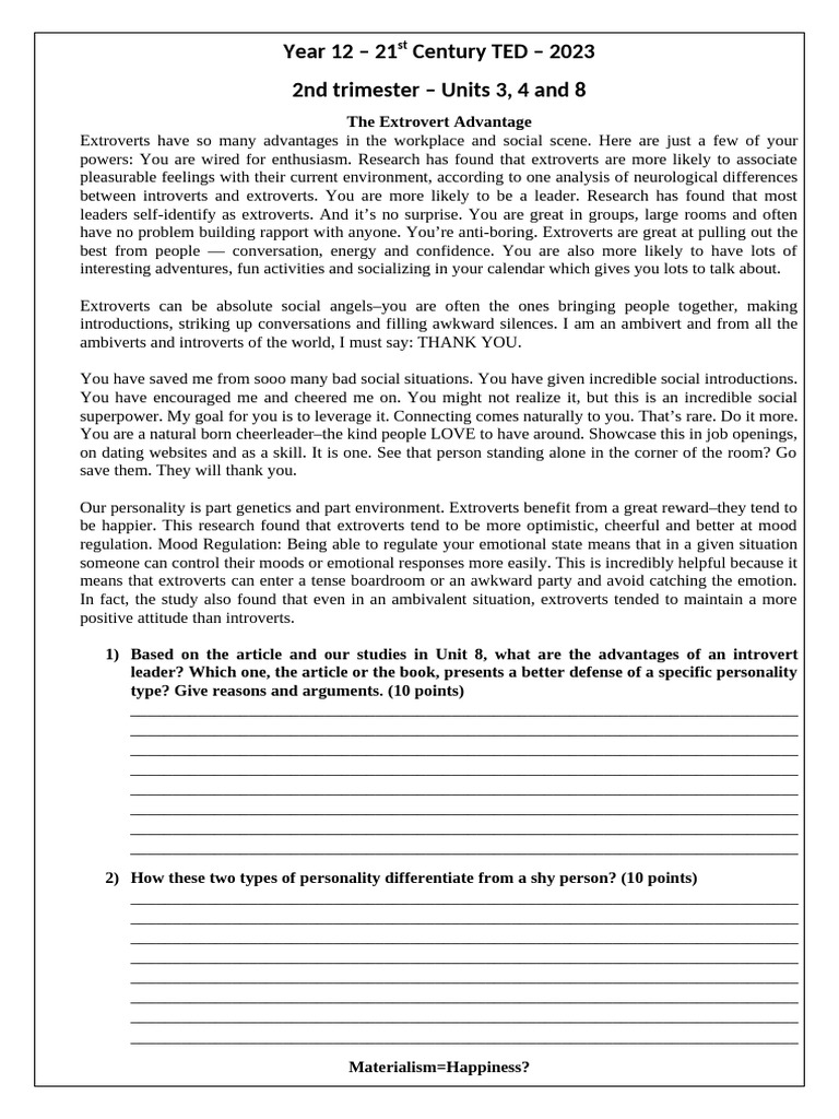 Year 12 - 21st Century TED - U2 - SC | PDF | Cyborg | Extraversion And ...