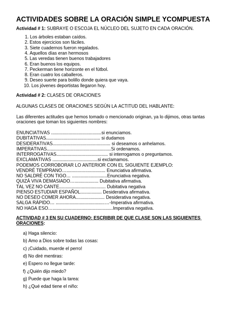 Ejercicio Oraciones Simples y Compuestas | PDF | Predicado (Gramática ...