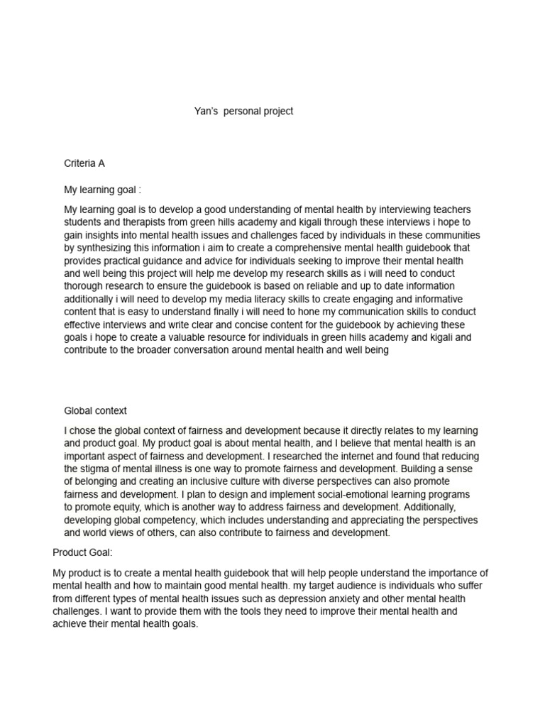 Yan’s Personal Project Criteria a.docx | PDF | Mental Health ...