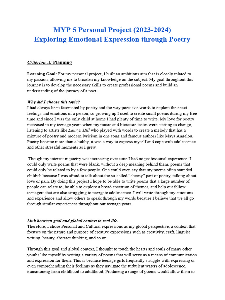 MYP Personal Project Final | PDF | Adolescence | Poetry