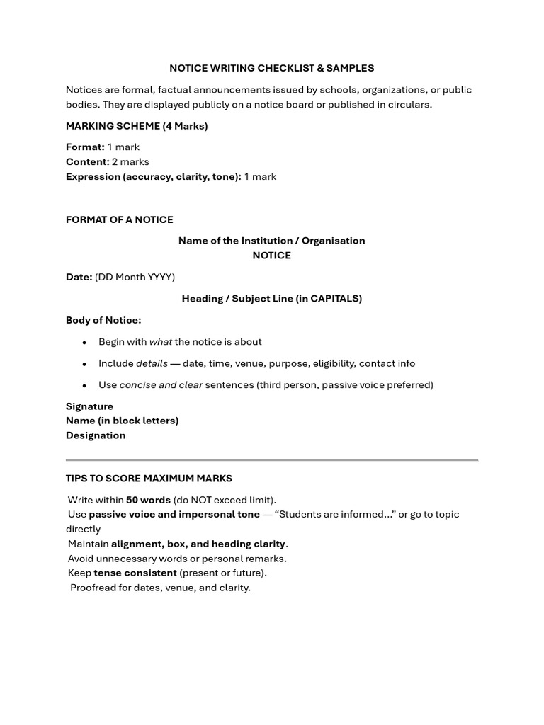 Grade 12 - Notice Writing - Details - Checklists and Basic Samples ...