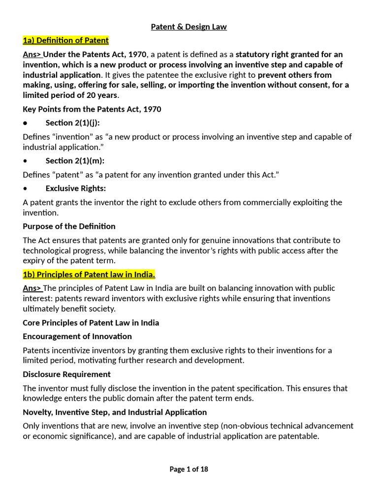 Sem-5 Patent & Design Law External Suggestion Answers - V1.0 | PDF ...