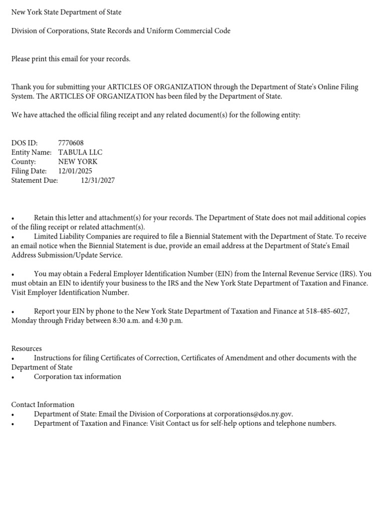 FILED Articles of Organization Tabula LLC | PDF | Limited Liability ...