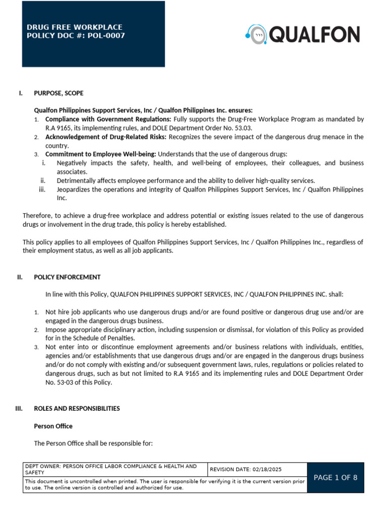 POL-0007 - Drug Free Workplace Policy (Draft) | PDF | Drug Test