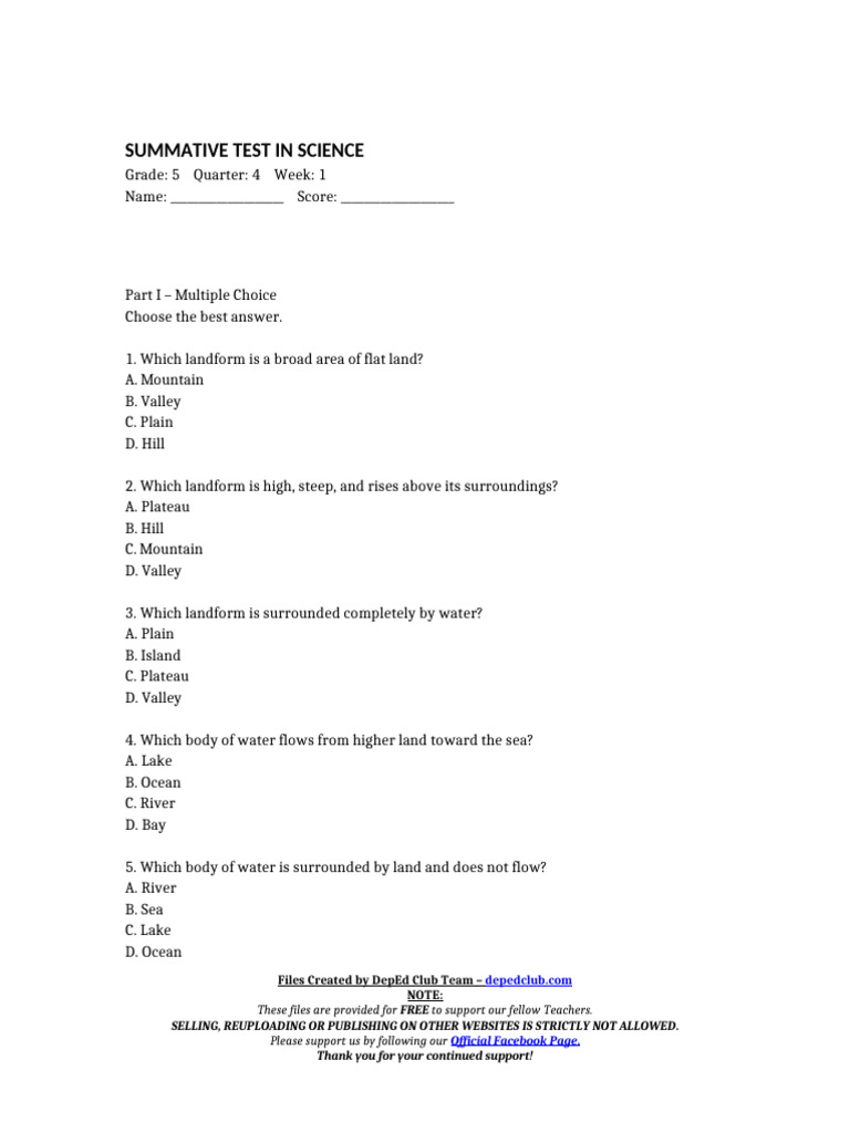 Dtc_summ_test Science 5 q4 w1 | PDF | Mountains | River